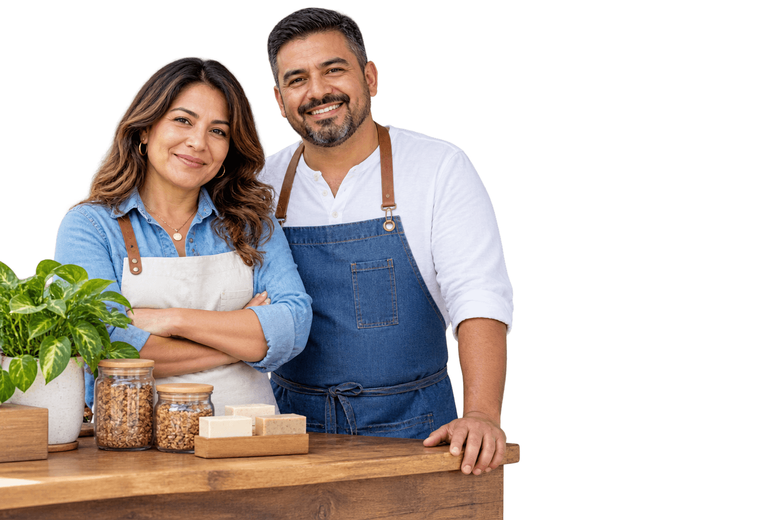 Two small-business owners together at their counter